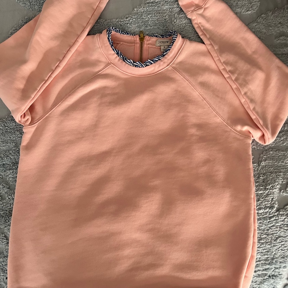 J Crew Pink Sweatshirt with ruffles & gold zip up back. Size Small